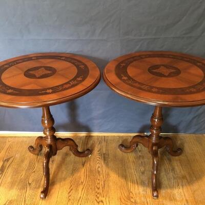 Pair Italian Marquetry Inlaid Wood Accent Tables