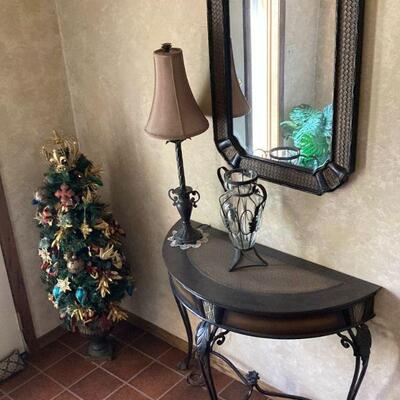 Demi lune table, mirror, lamp, and holiday tree