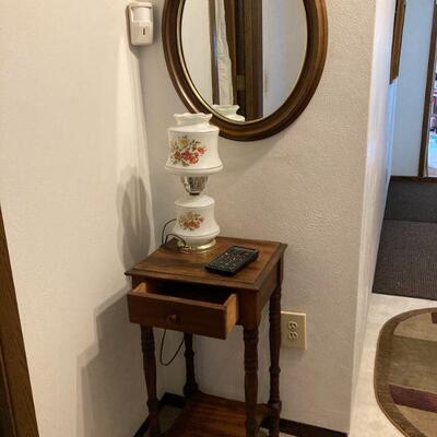 Single drawer occasional table, lamp, and mirror