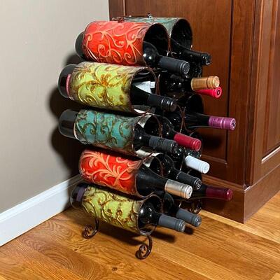 COLORFUL WINE RACK | Polychrome enamel wine rack that fits 14 bottles; 23 x 13 x 7 in.