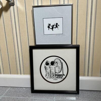 (2pc) YOUTHFUL ARTWORK | A framed paper cutout silhouette of three children engaged in merrymaking, titled 