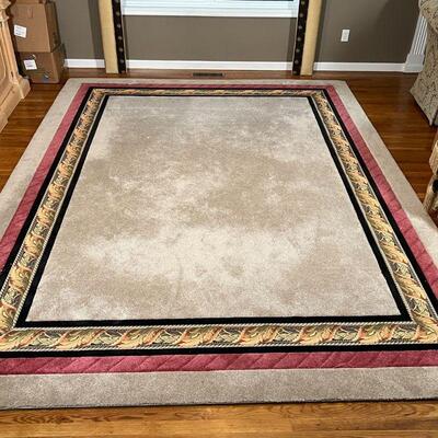 COLORBLOCK AREA RUG | Custom-made carpet with a mostly grey-tan field and a black and braided red middle border; 8 x 12 ft.