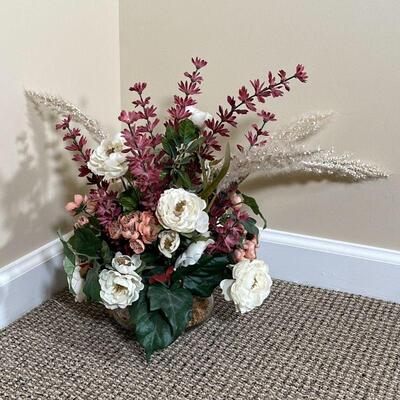 FAUX BOUQUET & VASE | Faux bouquet of assorted flowers in a short glass vase; approx. h. 16 in.