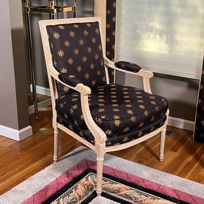 SHERRILL ARMCHAIR | Sherrill Furniture Co. armchair, light wood frame, brown fabric upholstery with 8-pointed stars; h. 36-1/2 x 24 x 22 in.