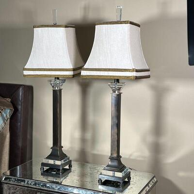 PAIR WILDWOOD TABLE LAMPS | Pair table lamps by Wildwood Lamps & Accents, antiqued metal rectangular column between acrylic accents; h....