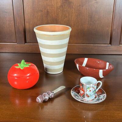 (5pc) ASSORTED FUN TABLE ITEMS | Including a floral gilt Japanese espresso cup and saucer, football shaped dip dish with matching...