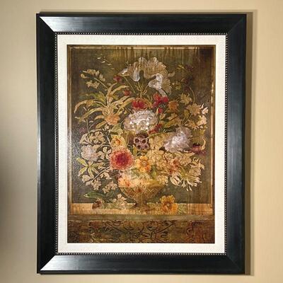 GICLEE STILL LIFE | Framed giclee art print in a black frame, table top still life with potted flowers; overall 51 x 41 in.