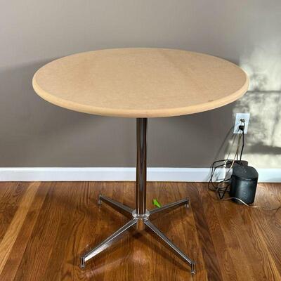 WOOD SIDE TABLE | Round wood top cafe / bistro-style side table with silver metal base, includes gold table cloth and brown cover with...