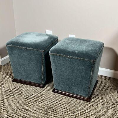 PAIR VELVET FOOTRESTS | Low stools or footrests with velvet padded upholstery and tacks on a square wood frame; h. 17-1/2 x 15-1/4 in.