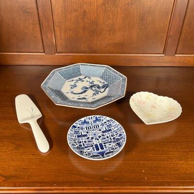 (4pc) TIFFANY & OTHER DISHES | Including a large Tiffany & Co. chinoiserie blue & white octagonal plate (dia. 11-1/2 in.), a floral...
