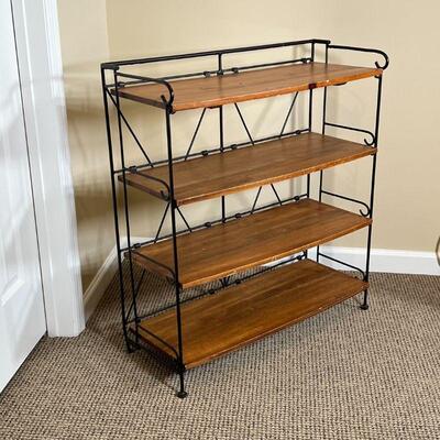 INDUSTRIAL SHELF UNIT | Small storage shelf, having four wood board shelves on a wire metal frame; 33 x 30 x 12 in.