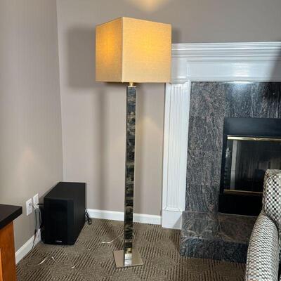 ARTERIOR FLOOR LAMP | Floor lamp by Arterior Homes with marbled acrylic design on a silver metal base, with a beige square shade; overall...