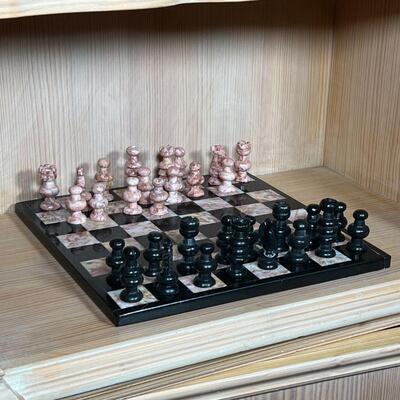 MARBLE STONE CHESS SET | Pink and black marble chess set; 13-1/2 in.