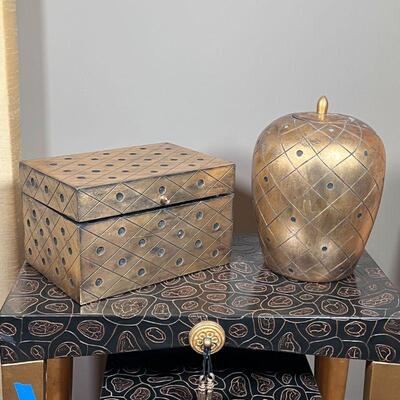 (2pc) DECORATIVE GOLD JAR AND BOX | Pineapple style lidded jar with gold finish and a matching trinket box with hinged lid; jar h. 12...