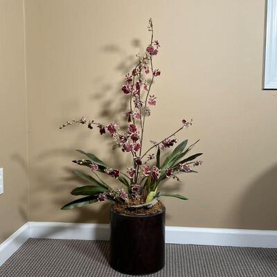 FAUX ORCHIDS | Faux purple orchids in a black round planter; overall h. 43 in.