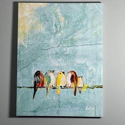 BIRD ART on CANVAS | Print on canvas with hand painted embellishments, illegibly signed in print lower right corner, unframed; h. 23-1/2...