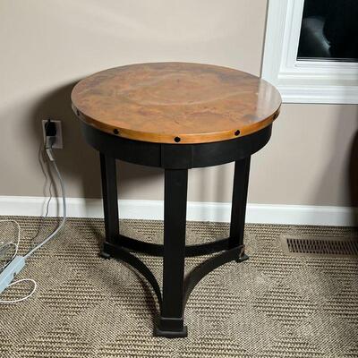 PATINA COPPER SIDE TABLE | Round side table with patina copper top and black metal frame; h. 26-1/2 x 23-1/2 in.