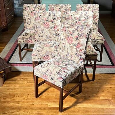 (6pc) DINING CHAIRS | Contemporary side chairs with floral and acanthus textured upholstery on square legs; h. 37 x 24 x 17 in.