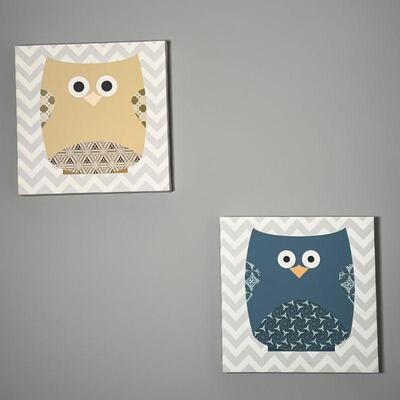 PAIR OWL ART | Children's wall art, prints of geometric owls on canvas, unframed; each 12 x 12 in.