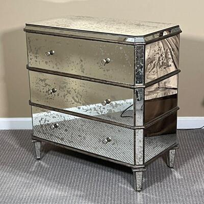 CURREY & Co. MIRRORED CHEST | Antiqued mirrored accent chest designed by Currey & Company, three drawer side table / nightstand accented...