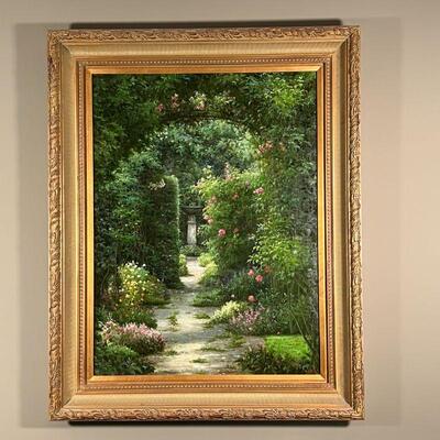 GARDEN OIL PAINTING | Original painting, oil on canvas, showing a garden pathway leading to a stone fountain, signed lower right 