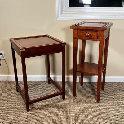 (2pc) WOOD SIDE TABLES | Including a square side table by The Bombay Company with brass corner accents (26 x 17-3/4 x 17-1/2 in.) and a...