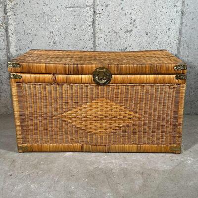 LARGE WOVEN CHEST | Woven blanket chest with hinged lid, having metal hardware and side carrying handles; 20 x 36 x 20-1/2 in.