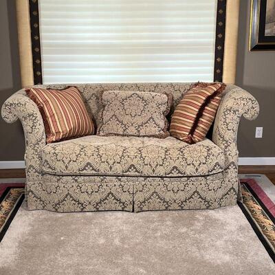 SHERRILL TRADITIONAL SOFA | Sherrill Furniture Co. rolled arm sofa with floral print fabric upholstery, includes 3 pillows; h. 36 x 76 x...