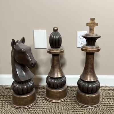 (3pc) DECORATIVE CHESS PIECES | Oversized decorative king, knight, and bishop chess pieces; h. 16 in.