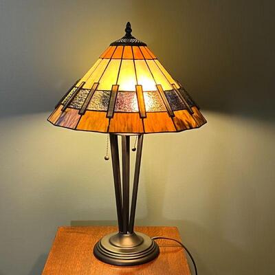 TIFFANY STYLE LAMP | Mission style table lamp by Quoizel Inc Style No. TF1260T, two bulbs with pull chains, on a joined four rod base; h....