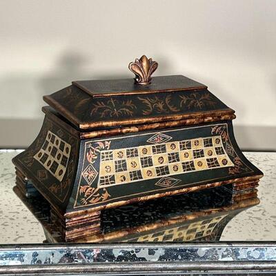 EASTERN PAINTED BOX | Eastern motif hand painted solid wood box with lid; overall 15-1/2 x 9-3/4 x 9-1/4 in.