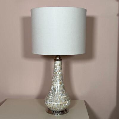 PEARL STYLE TABLE LAMP | Pier1 Imports mother-of-pearl-style mosaic table lamp with a round cylindrical shade; h. 26 in.