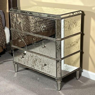 CURREY & Co. MIRRORED CHEST | Antiqued mirrored accent chest designed by Currey & Company, three drawer side table / nightstand accented...