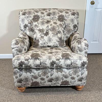 ETHAN ALLEN ARMCHAIR | Custom floral fabric upholstery and a matching pillow, with bun feet in the front; h. 34 x 31 x 34 in.