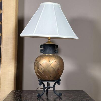 GOLD ACCENT TABLE LAMP | Pineapple style design, distressed gold finish on scrolled iron rod base; overall h. 26 in.