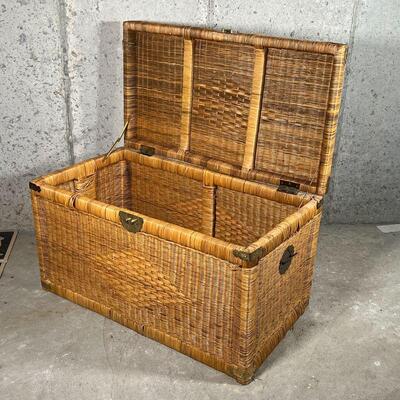 LARGE WOVEN CHEST | Woven blanket chest with hinged lid, having metal hardware and side carrying handles; 20 x 36 x 20-1/2 in.