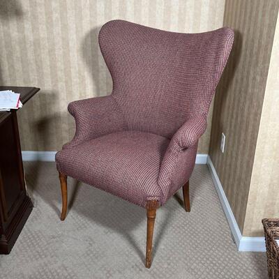 WINGBACK ARM CHAIR | Fabric upholstery with carved wood sabre legs; h. 40 x 33 x 32 in.