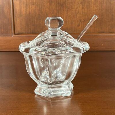 BACCARAT SUGAR BOWL | Baccarat lidded sugar bowl with spoon, having a hexagonal base and finial; h. 6 in.