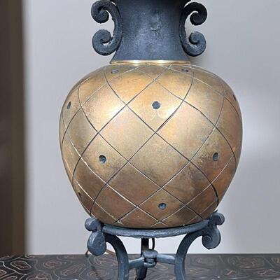 GOLD ACCENT TABLE LAMP | Pineapple style design, distressed gold finish on scrolled iron rod base; overall h. 26 in.