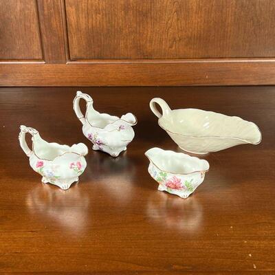 (4pc) CHINA TABLE ITEMS | All bone china with gilt accents; largest by Lenox (l. 8 in.); plus three matching Autumn Glory floral pieces...