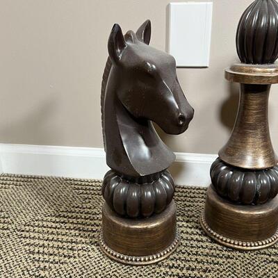 (3pc) DECORATIVE CHESS PIECES | Oversized decorative king, knight, and bishop chess pieces; h. 16 in.