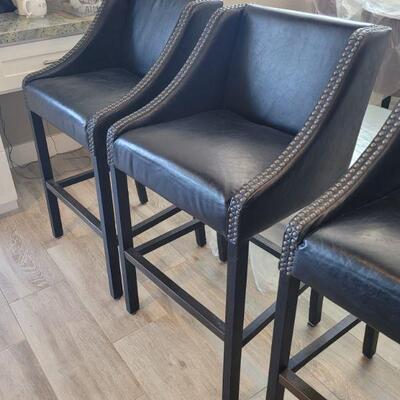 FOR SALE NOW! 3 Matching Kitchen Bar Stools Faux Leather w/ Nailhead Trim Accents ($525 for all 3)