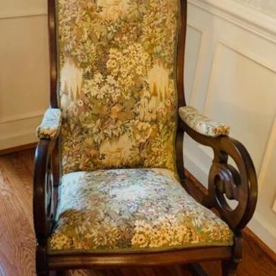 ANTIQUE ROCKING CHAIR WITH FANCY WOOD ARMS