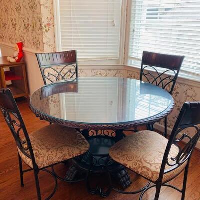 ALMOST BRAND NEW ROUND WOOD TABLE WITH GLASS TOP AND 4 CHAIRS; BEAUTIFUL SET
