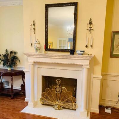 MIRROR, CANDLE WALL SCONCES, BRASS FIREPLACE FAN AND BRASS ANDIRONS