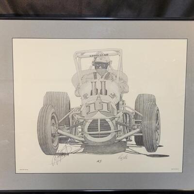 Vintage Signed Sketch of AJ Foyt in Sprint Car