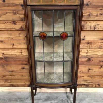 Antique Inlaid Wood, Stained Glass Display Cabinet
