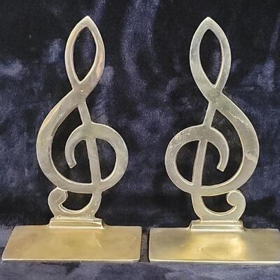 Pair Vintage Brass Treble Clef Music Bookends