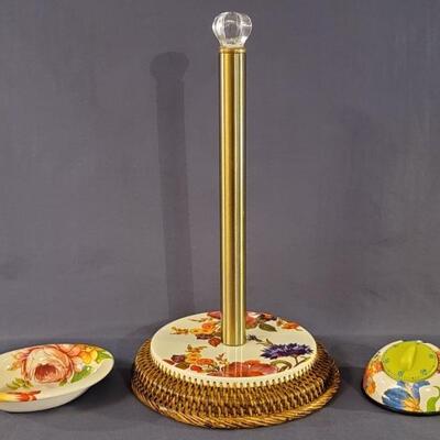 (3) MacKenzie-Childs Flower Market: Small Bowl, Paper Towel Holder and Timer