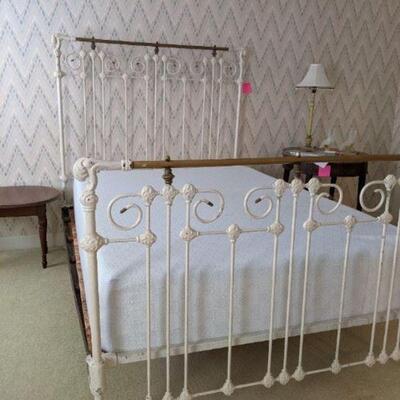 Bed - painted iron & brass, high back headboard, scrollwork, full-size, 55